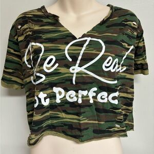 On Fire Green Camo Cropped V-Neck Graphic Tee